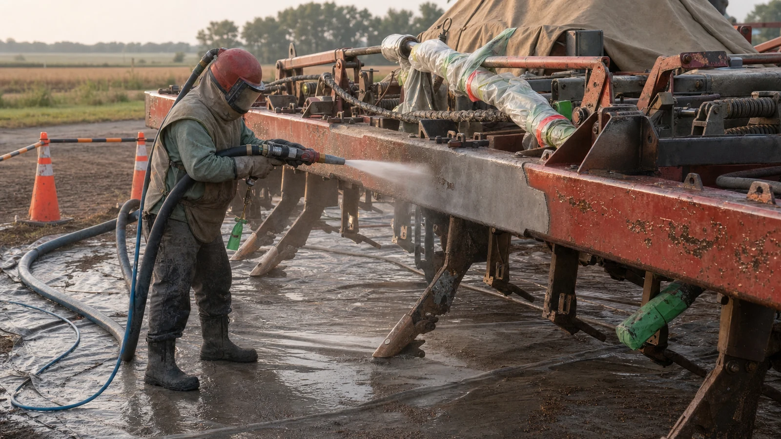 Contractor wet abrasive blasting a weathered agricultural implement in a controlled work zone