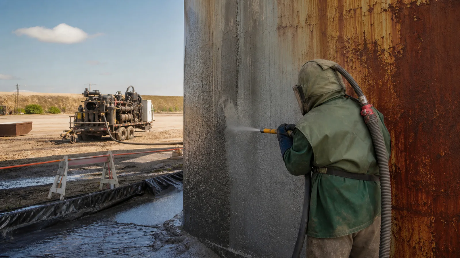 Mobile wet abrasive blasting on weathered commercial steel