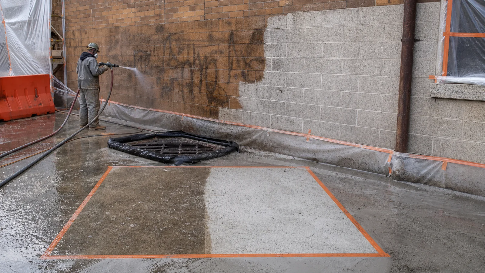 Marked concrete test area prepared before a commercial coating