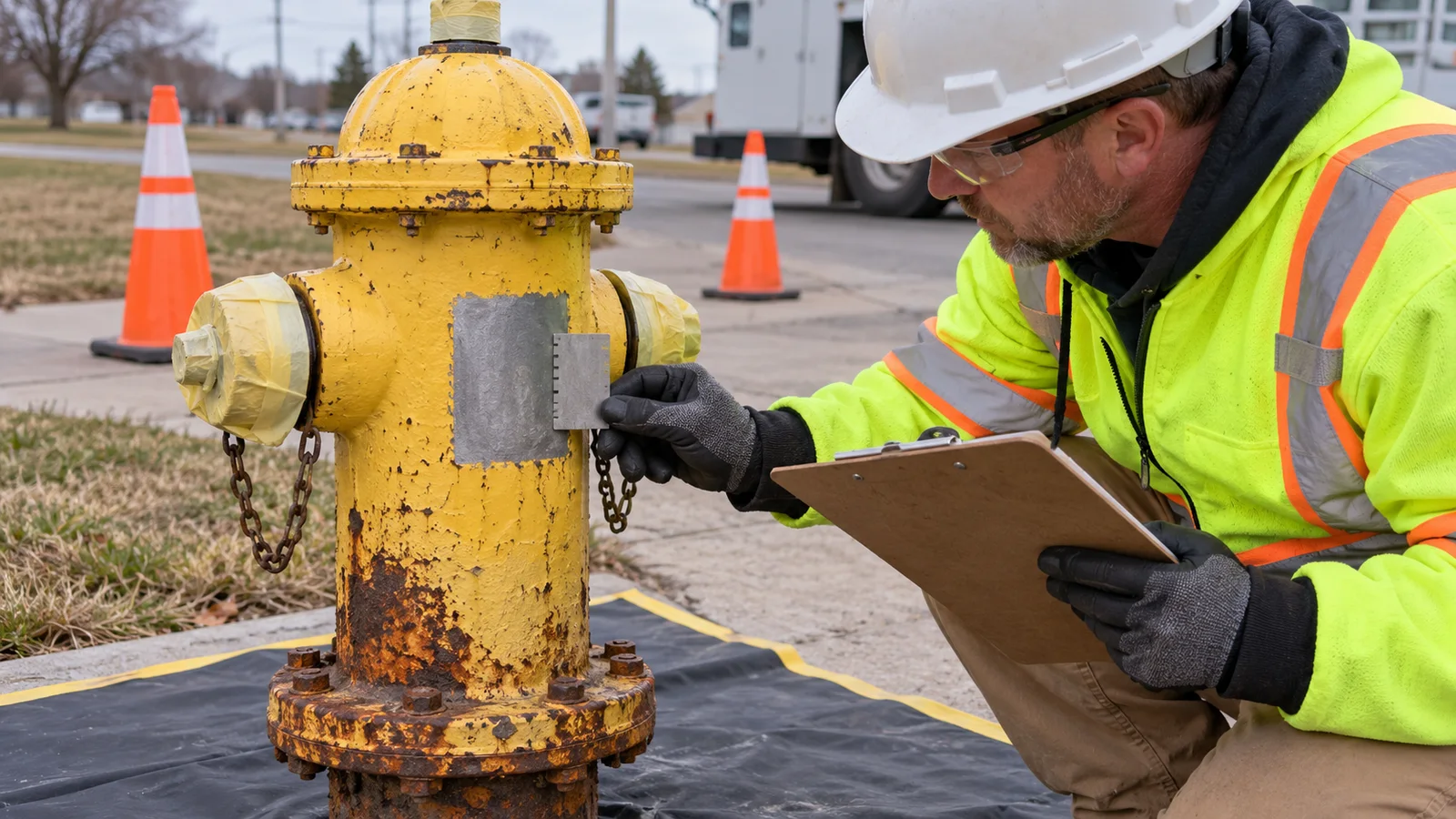 Inspector reviewing a prepared fire-hydrant test area with operating components masked