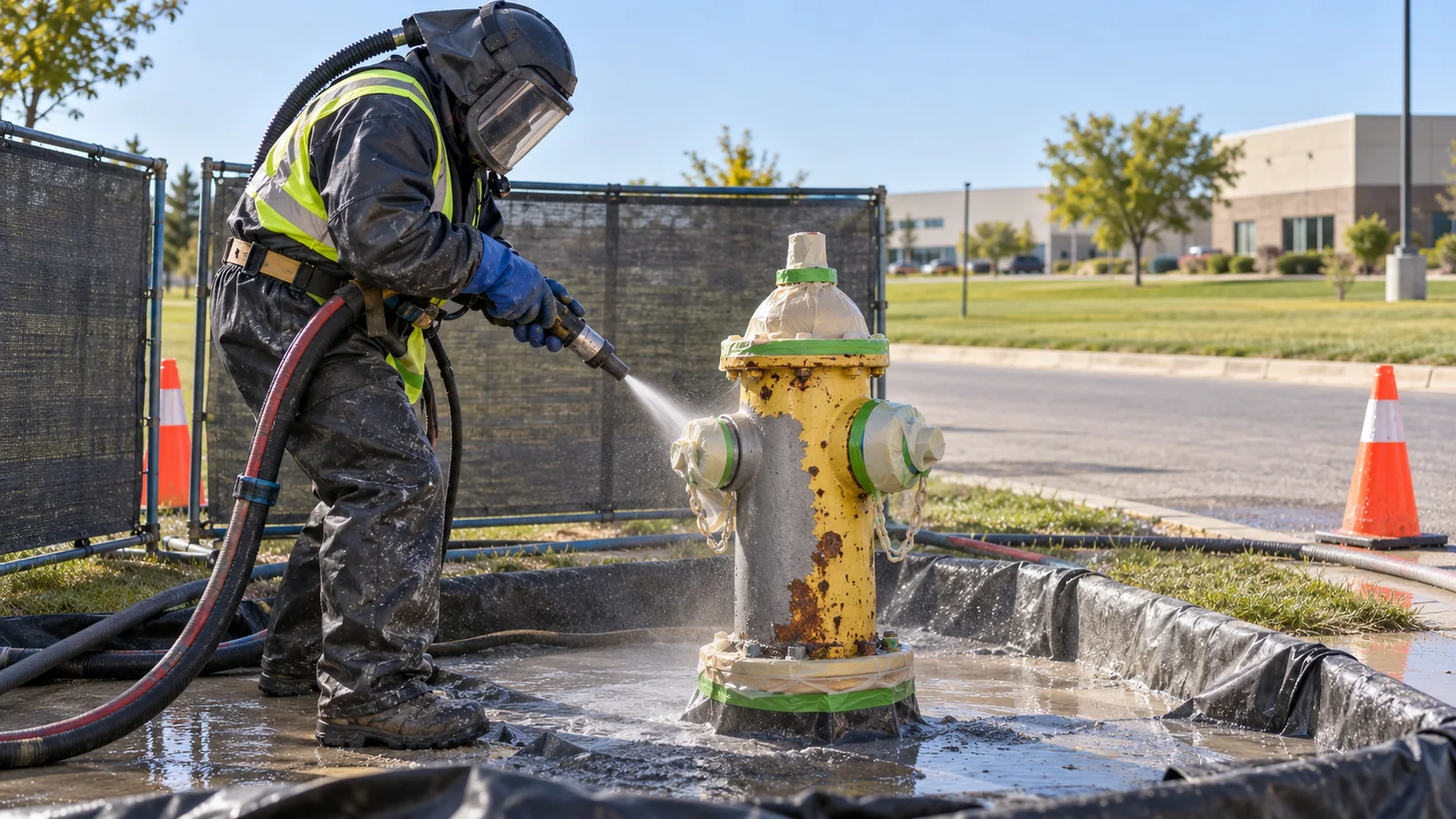 Technician wet abrasive blasting a masked fire hydrant in a controlled municipal work zone