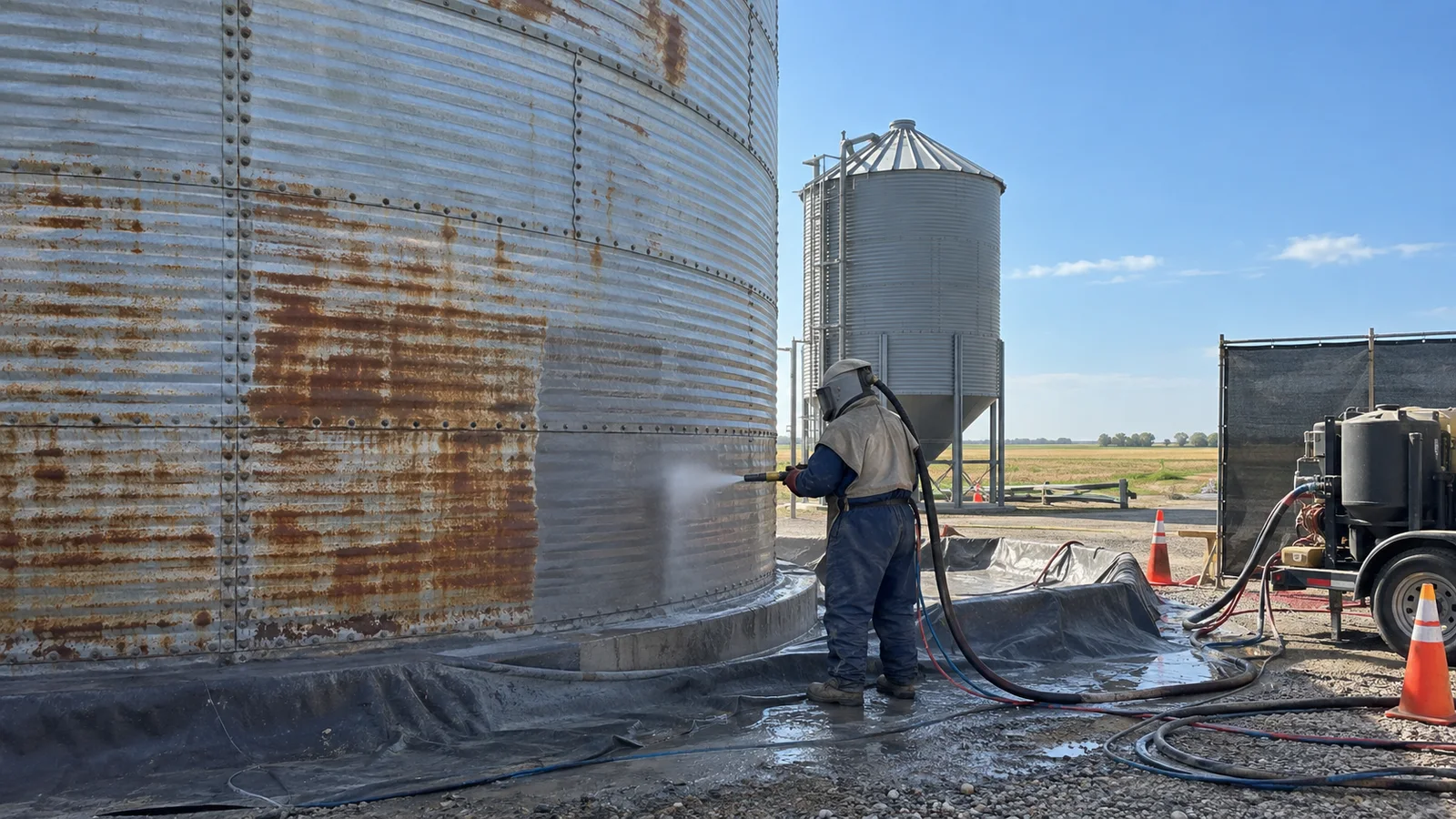 Technician wet abrasive blasting a controlled exterior test area on a weathered steel grain bin