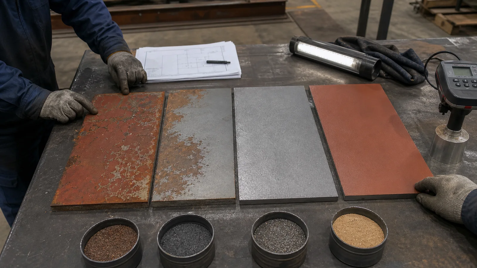 Industrial steel surface showing coating removal and prepared metal