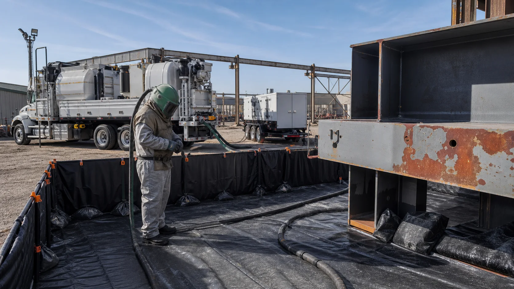 Abrasive-blasting technician checking containment, ground protection, and hose routing beside weathered industrial steel
