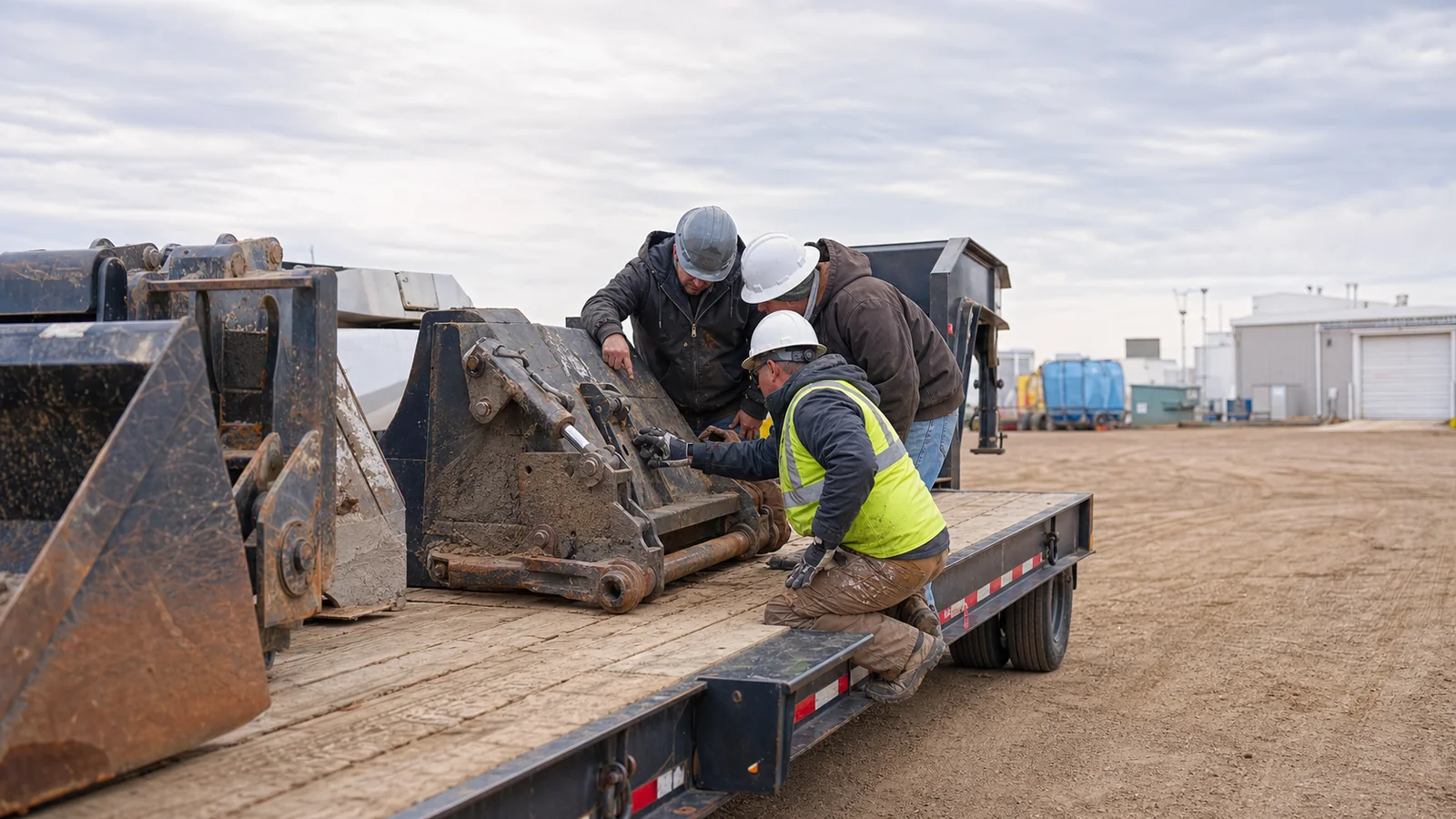 Trailers and steel attachments staged for off-season surface preparation