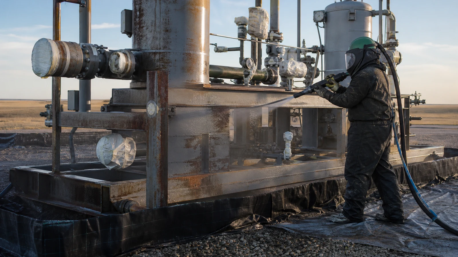 Technician using mobile wet abrasive blasting on weathered oilfield production equipment in a controlled work zone