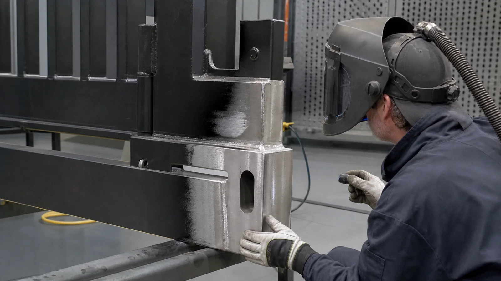 Steel equipment part with powder coating partly removed for surface preparation