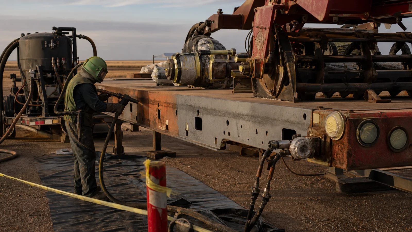 Heavy equipment steel being prepared for repair and recoating