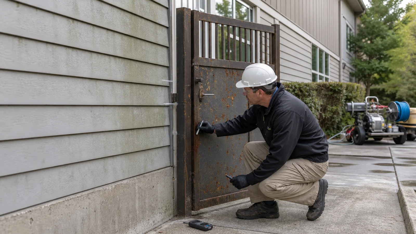 Technician comparing cleaning and surface preparation methods on representative exterior surfaces