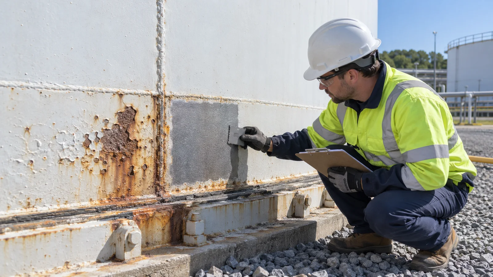 Inspector reviewing a prepared exterior test area at the lower shell of a steel storage tank