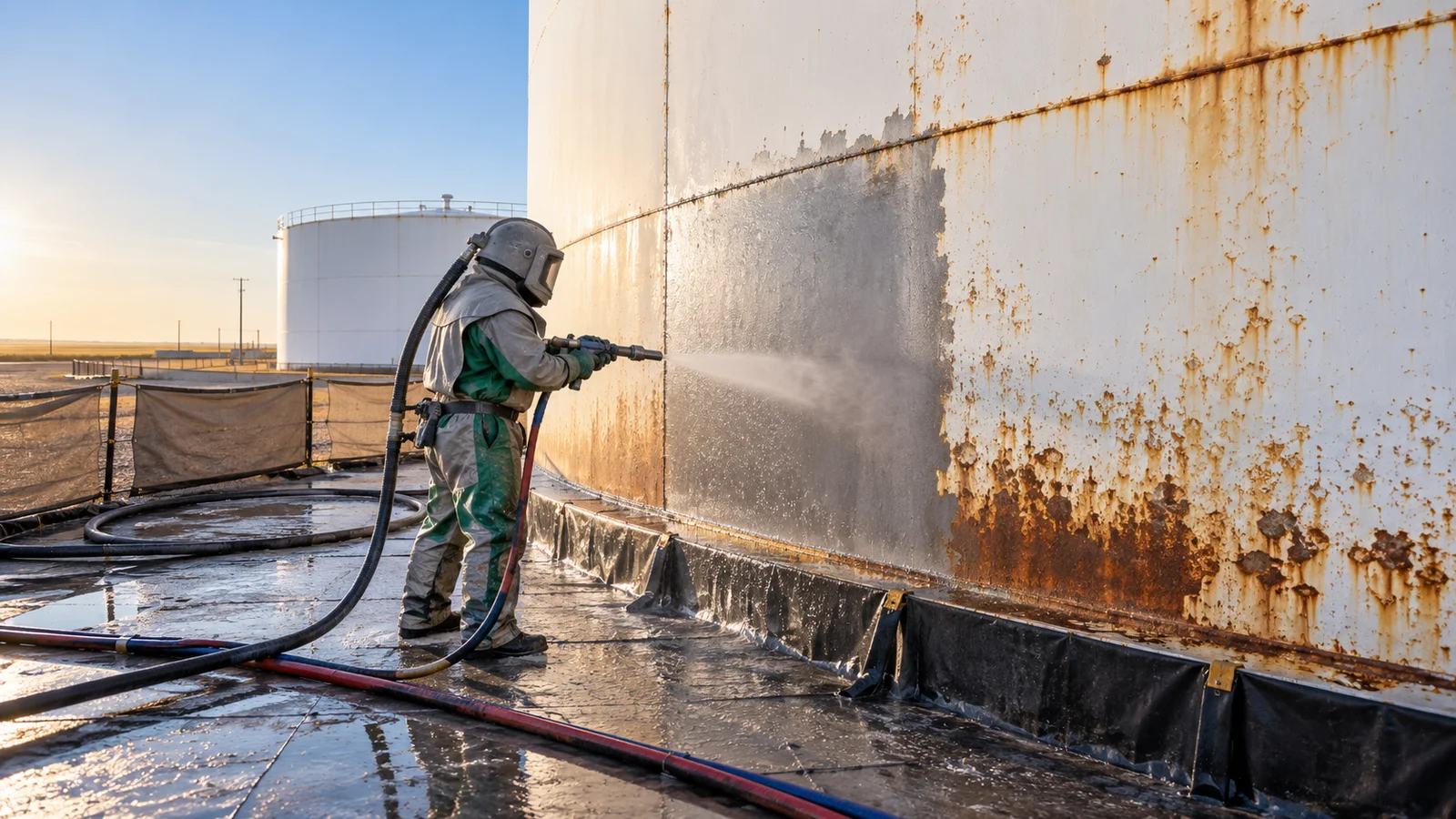 Technician wet abrasive blasting a controlled exterior test area on a weathered steel storage tank