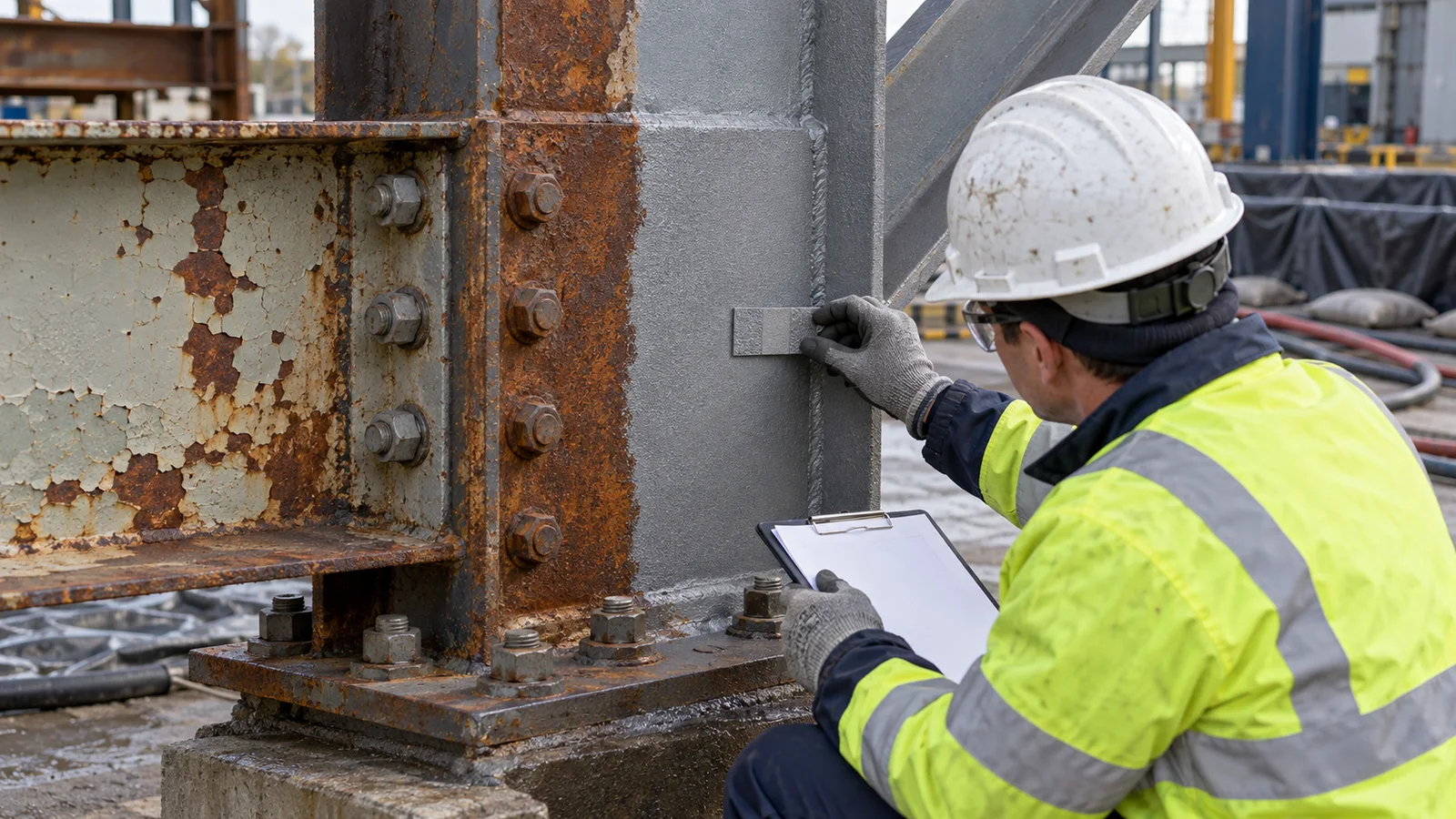 Coating inspector reviewing a prepared structural-steel test area around a bolted connection