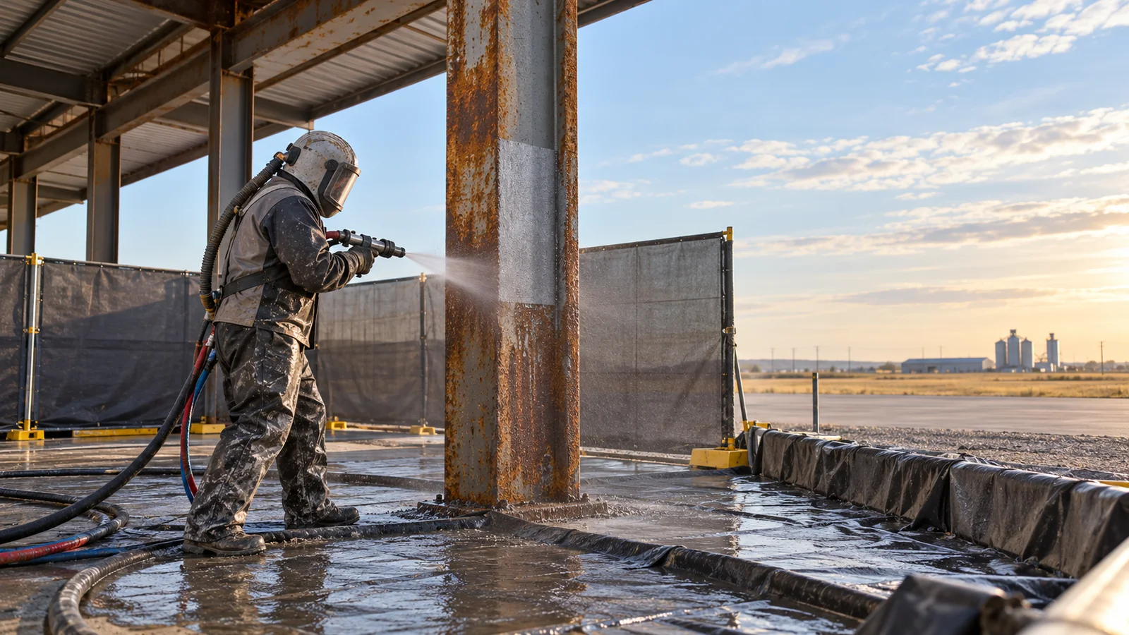 Technician wet abrasive blasting a controlled test area on weathered structural steel