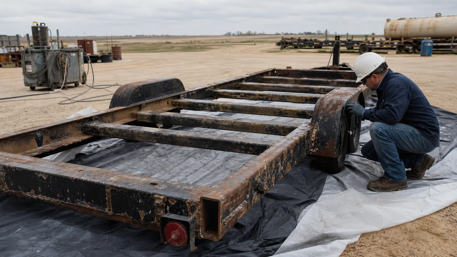 Rusty utility trailer frame staged for inspection and controlled mobile surface preparation