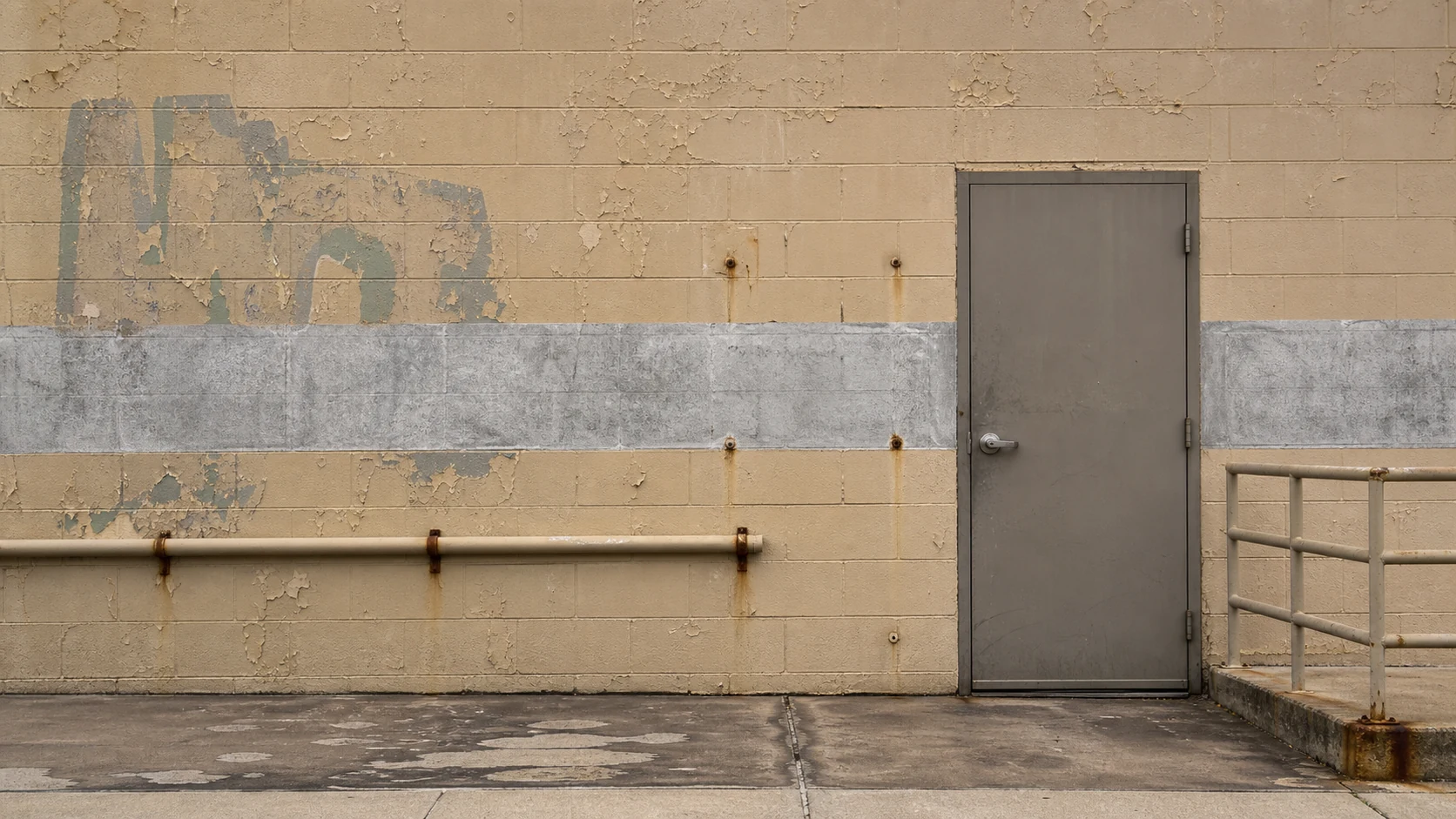 A commercial facility wall with coating failures crossed by a clean prepared lane